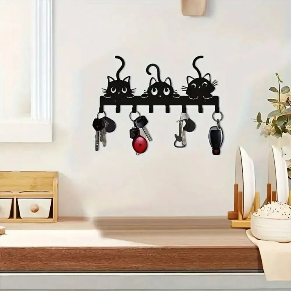 NWT Gorgeous 3 Black Cats Design Metalic 8 Hooks Wall Mount Key Holder Organizer